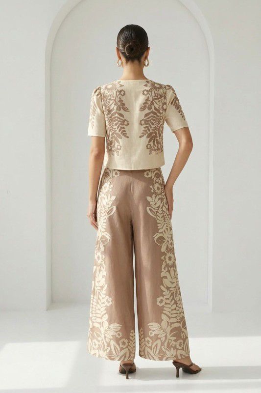 Taupe Floral Print Jewel Neck Top and Pants Set