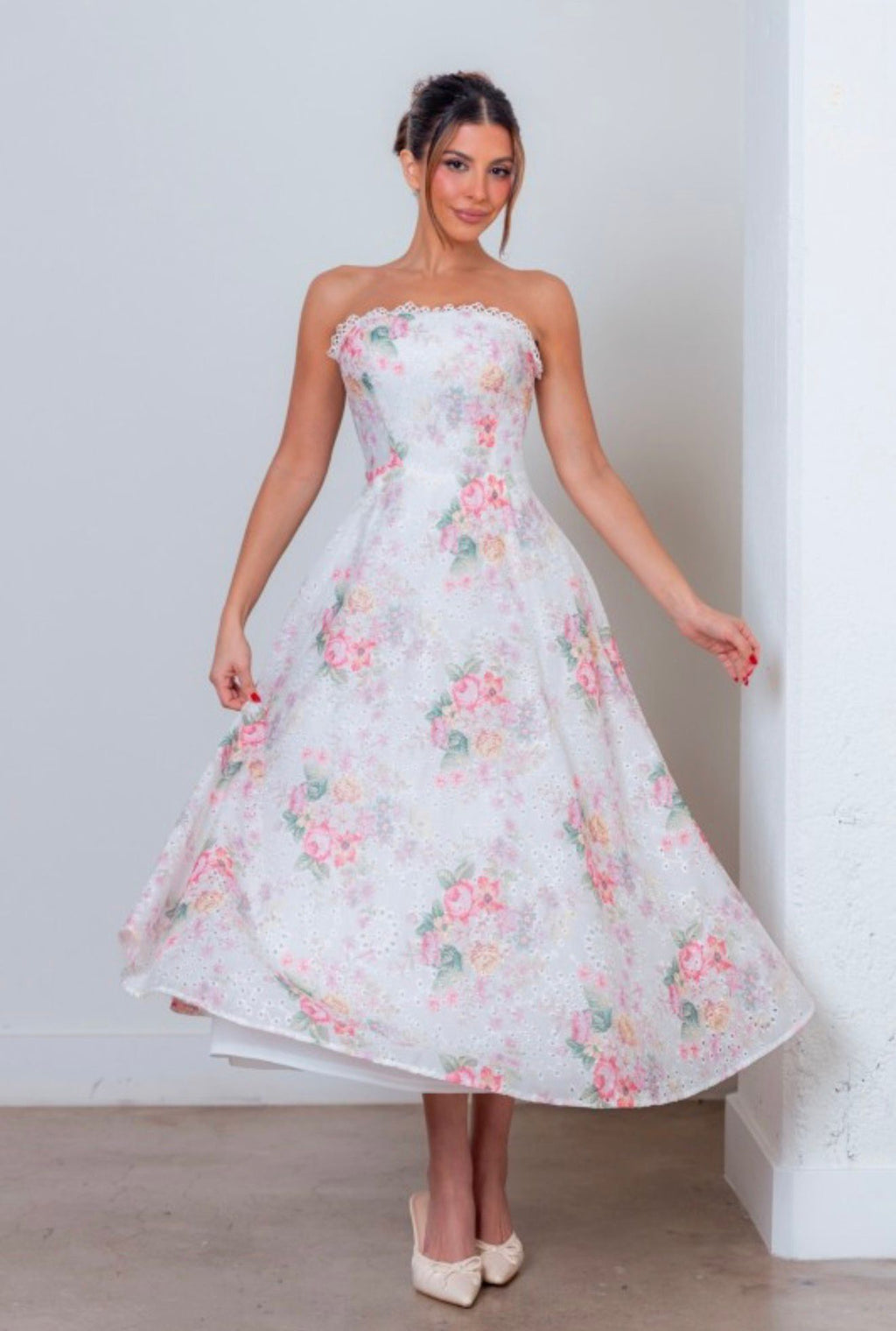 Floral Print Eyelet Midi Dress