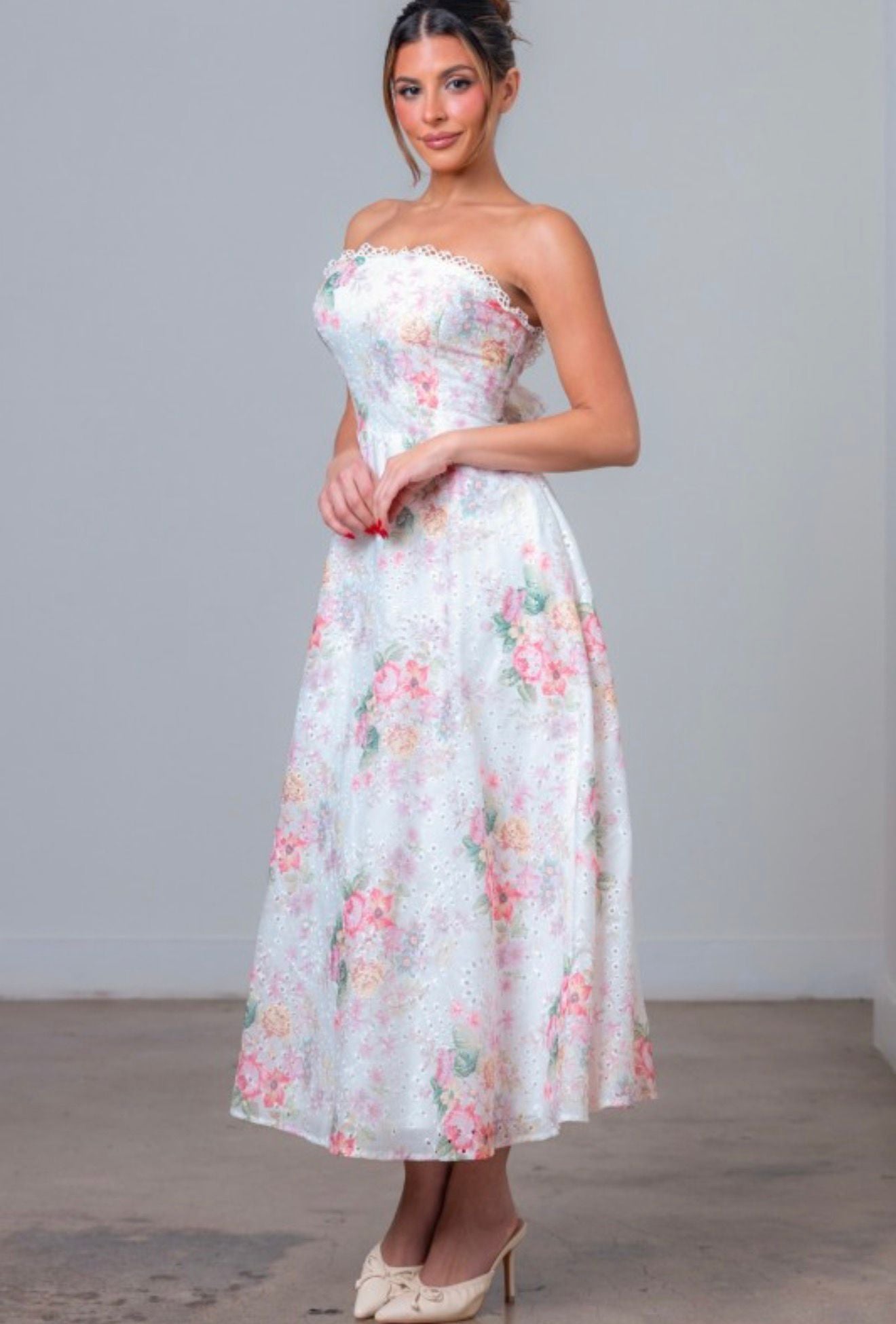 Floral Print Eyelet Midi Dress