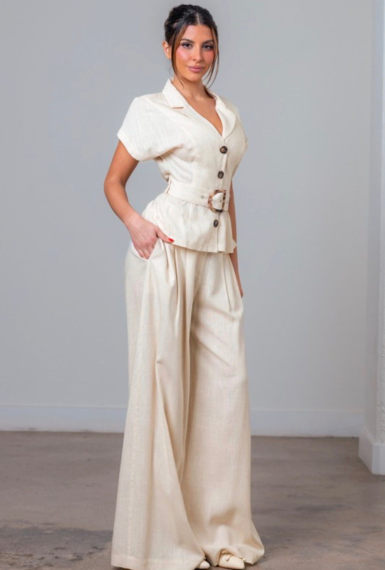 Button Down Belted Top and Pants Set